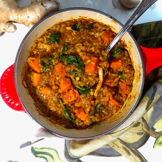 Mulligatawny Soup with Chicken, Sweet Potatoes and Spinach