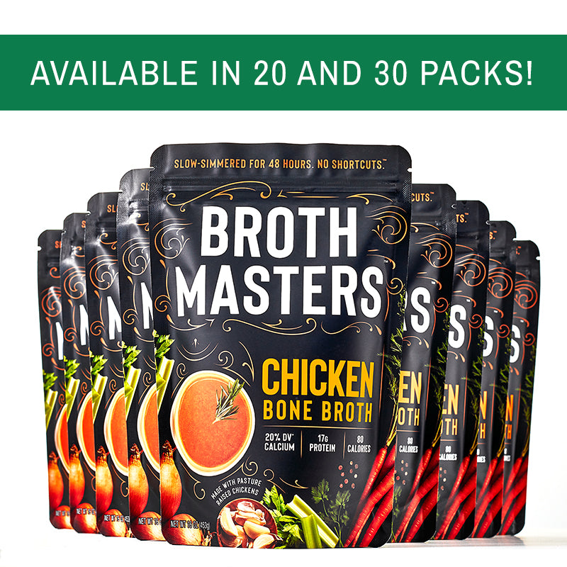Organic bone broth by Broth Masters, available in 20 and 30 packs.