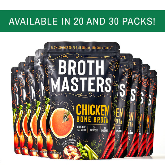 Organic bone broth by Broth Masters, available in 20 and 30 packs.