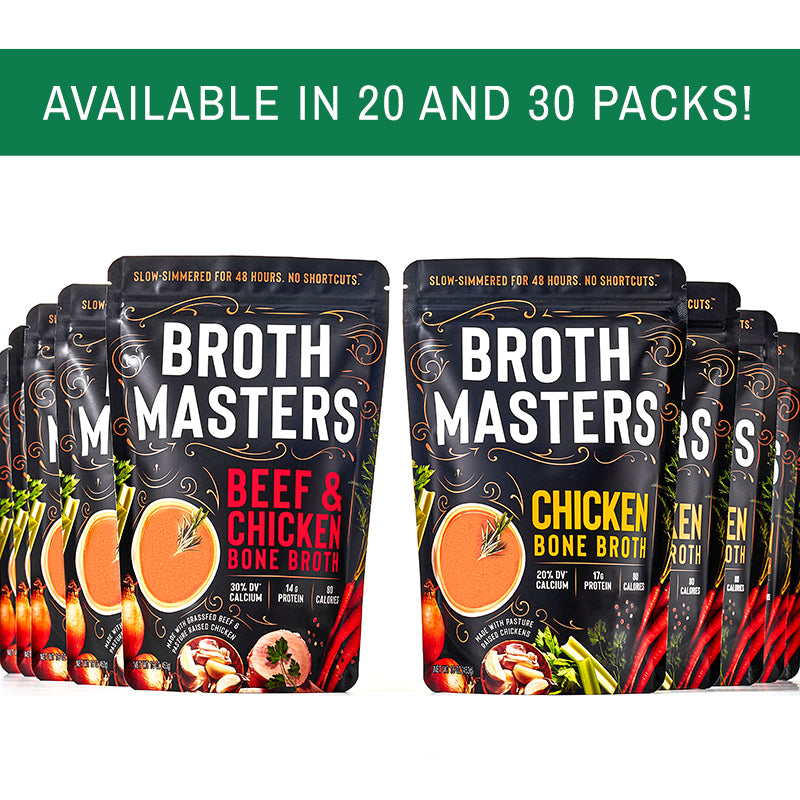 Organic beef and chicken bone broth by Broth Masters, available in 20 and 30 packs. 1