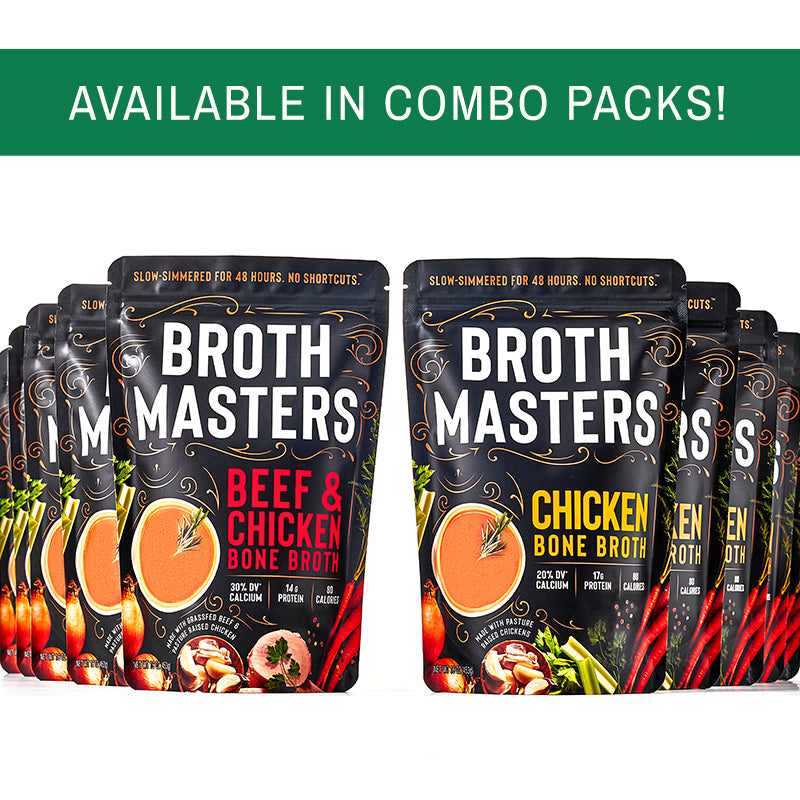 Organic bone broth by Broth Masters, available in combo packs.