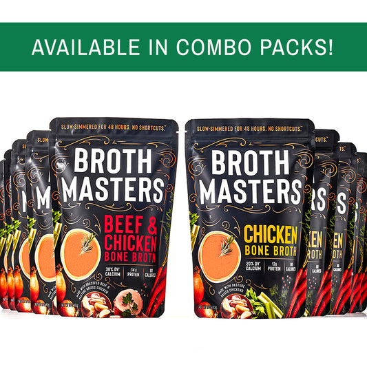 Organic bone broth by Broth Masters, available in combo packs.