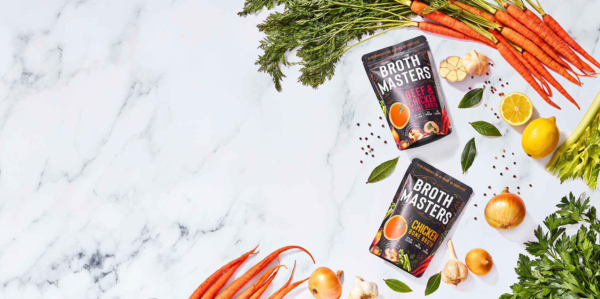 Colorful vegetables and spices for Broth Masters' beef & chicken and chicken bone broth.