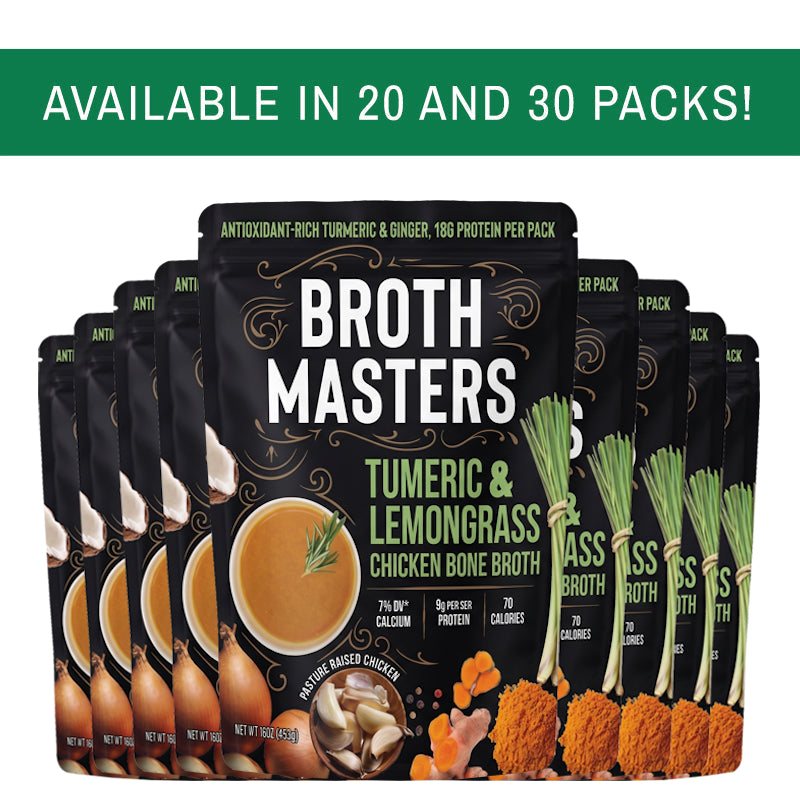Tumeric & Lemongrass Chicken Bone Broth, available in 20 and 30 packs.