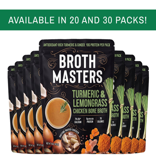 Tumeric & Lemongrass Chicken Bone Broth, available in 20 and 30 packs.